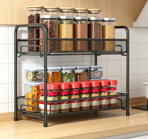 Double-layer wire mesh wrought iron multi-functional spice rack